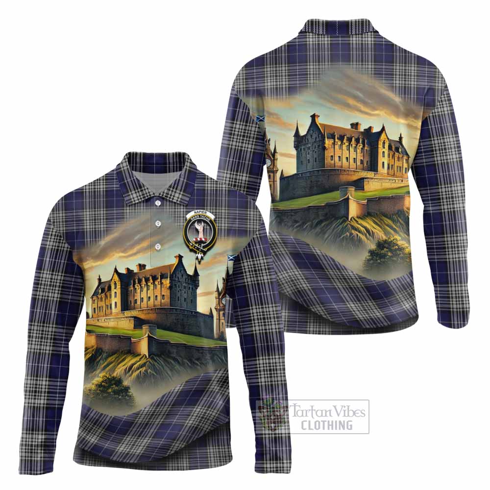 Napier Tartan Family Crest Long Sleeve Polo Shirt with Scottish Ancient Castle Style - Tartan Vibes Clothing