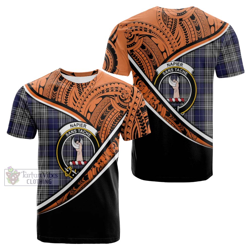 Tartan Vibes Clothing Napier Crest Tartan Cotton T-shirt with Maori Tattoo Style - Orange Version