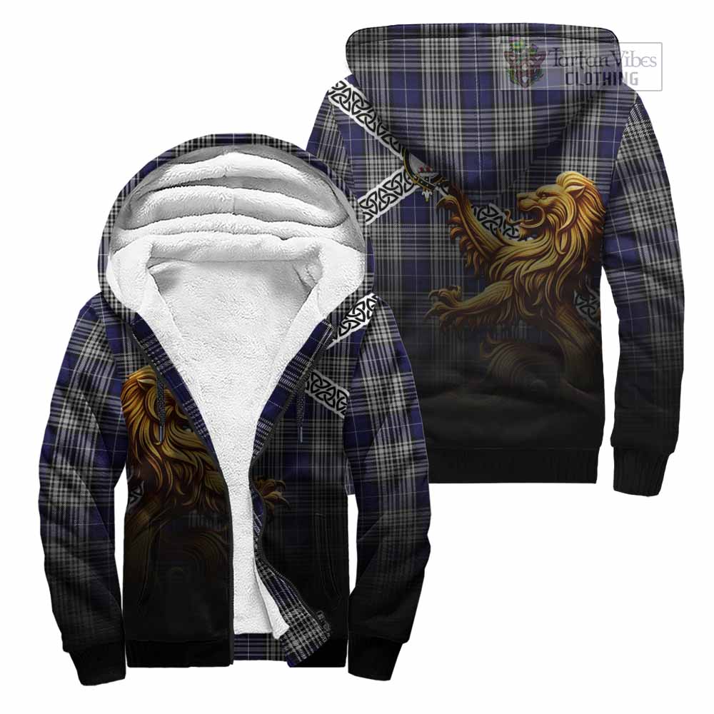 Napier Crest Tartan Sherpa Hoodie with Golden Lion Emblem Celtic Style Unisex - Tartan Vibes Clothing
