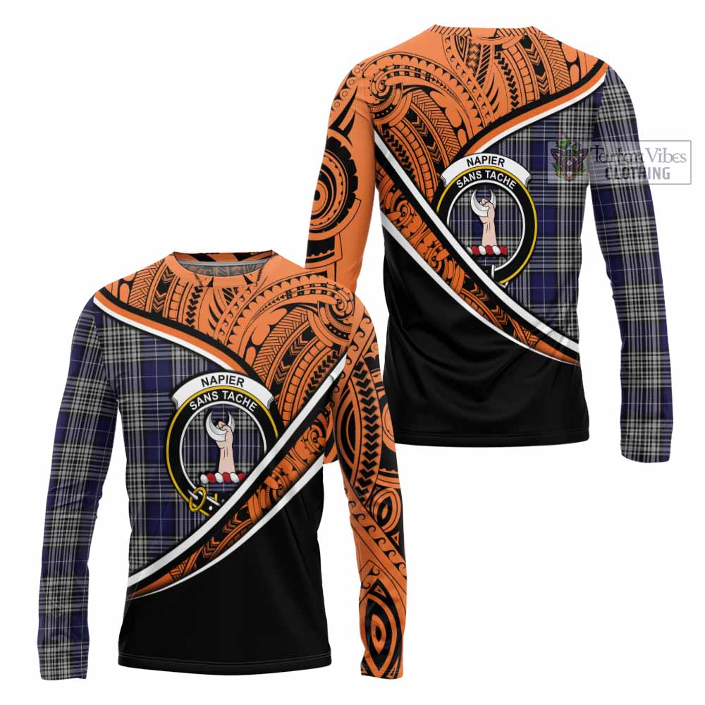 Tartan Vibes Clothing Napier Crest Tartan Long Sleeve T-Shirt with Maori Tattoo Style - Orange Version