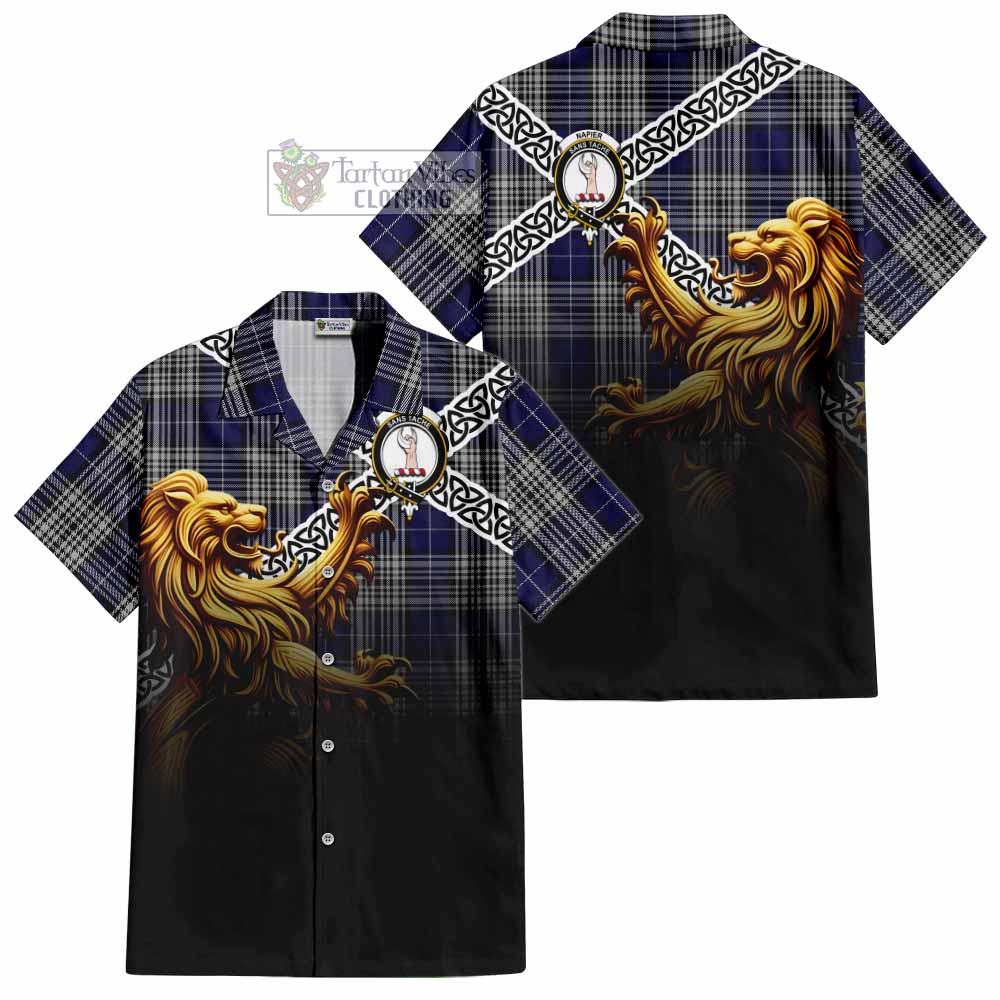 Napier Crest Tartan Hawaiian Shirt with Golden Lion Emblem Celtic Style - Tartan Vibes Clothing