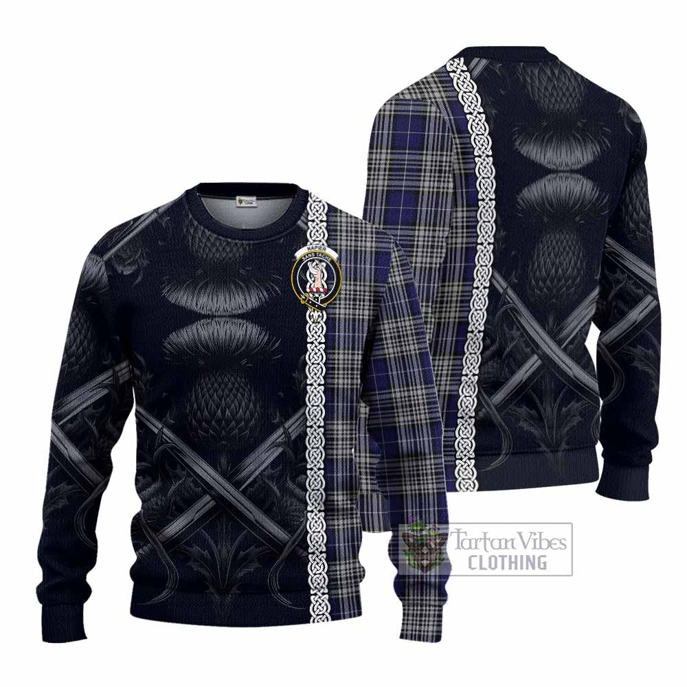 Napier Tartan Knitted Sweater with Family Crest Cross Sword Thistle Celtic Vibes - Tartan Vibes Clothing