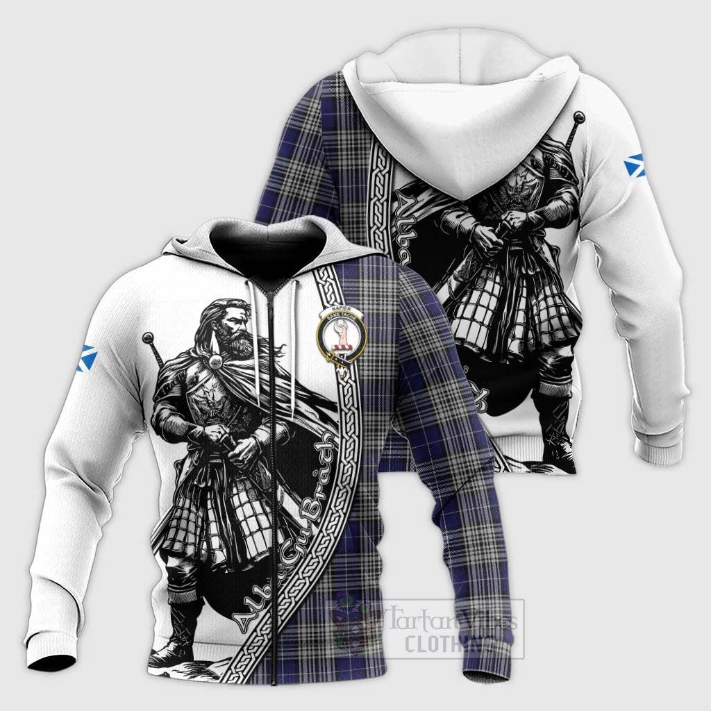 Tartan Vibes Clothing Napier Tartan Clan Crest Knitted Hoodie with Highlander Warrior Celtic Style