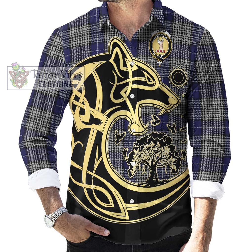 Napier Tartan Long Sleeve Button Shirt with Family Crest Celtic Wolf Style - Tartan Vibes Clothing