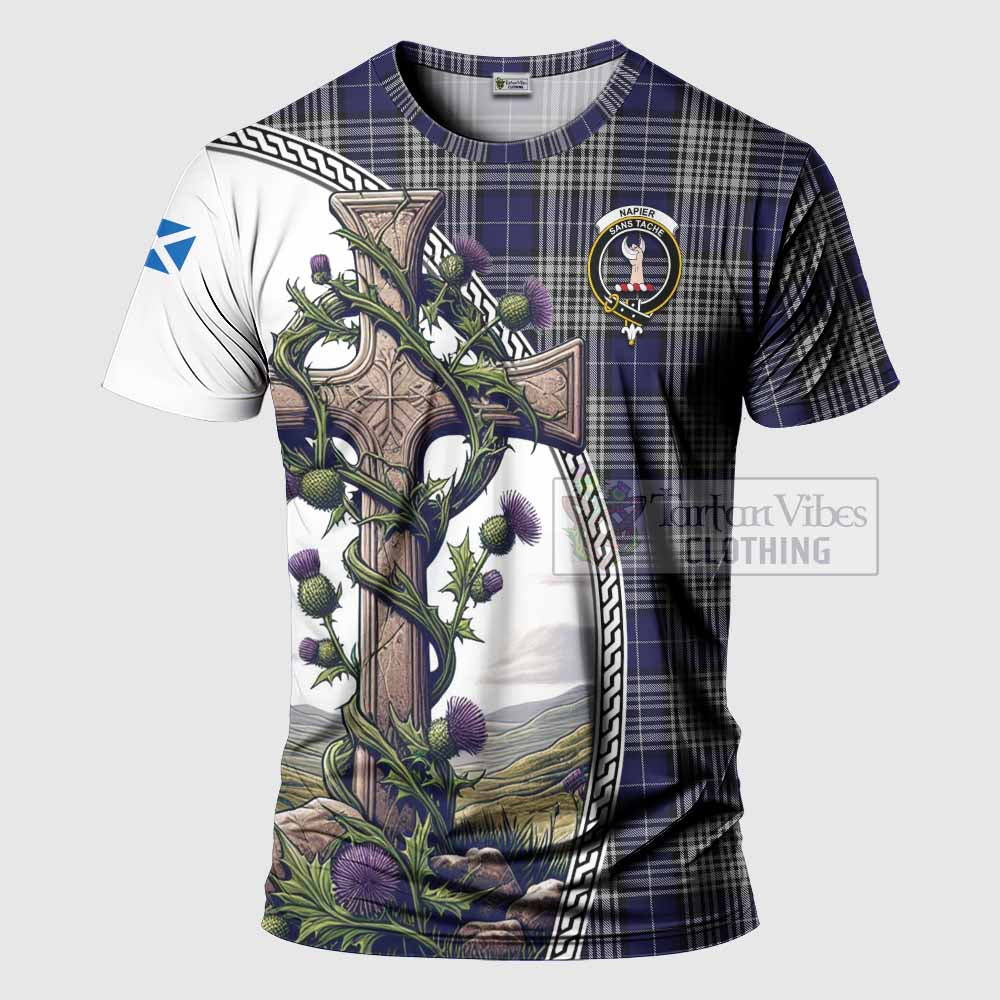 Tartan Vibes Clothing Napier Agnew Tartan T-Shirt with Family Crest and St. Andrew's Cross Accented by Thistle Vines