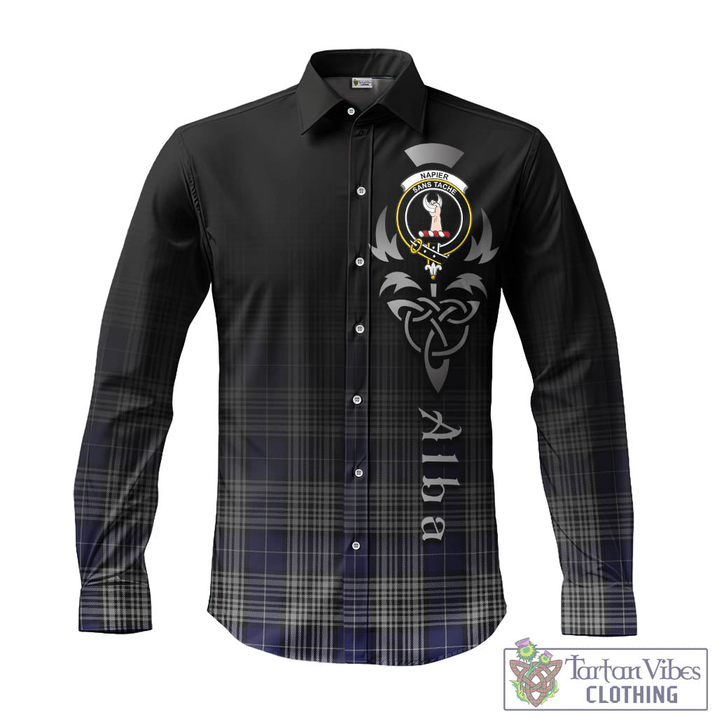 Tartan Vibes Clothing Napier Tartan Long Sleeve Button Up Featuring Alba Gu Brath Family Crest Celtic Inspired