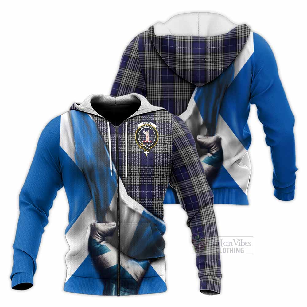 Tartan Vibes Clothing Napier Tartan Knitted Hoodie with Family Crest Scotland Patriotic Style