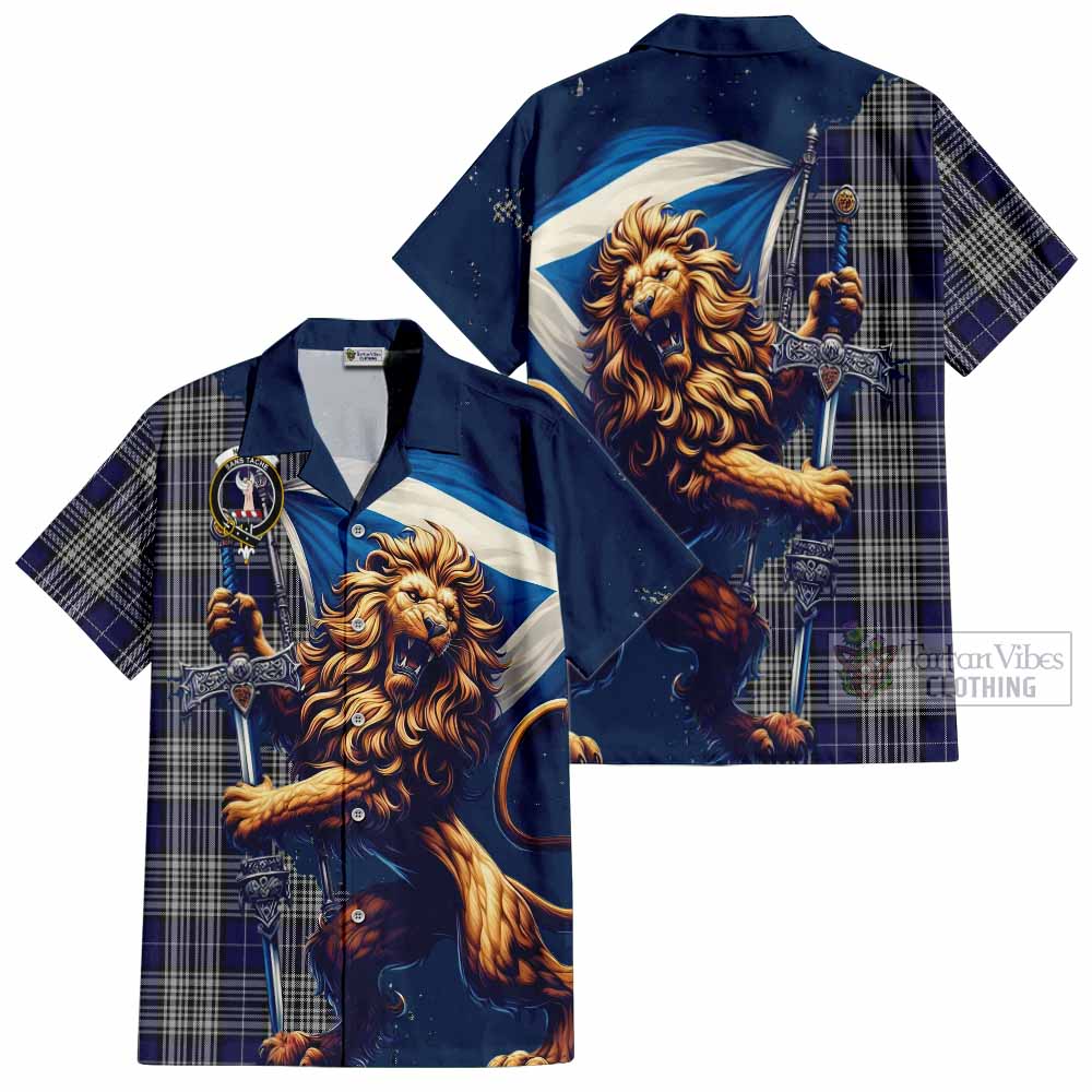 Tartan Vibes Clothing Napier Tartan Family Crest Short Sleeve Button Shirt with Scottish Majestic Lion