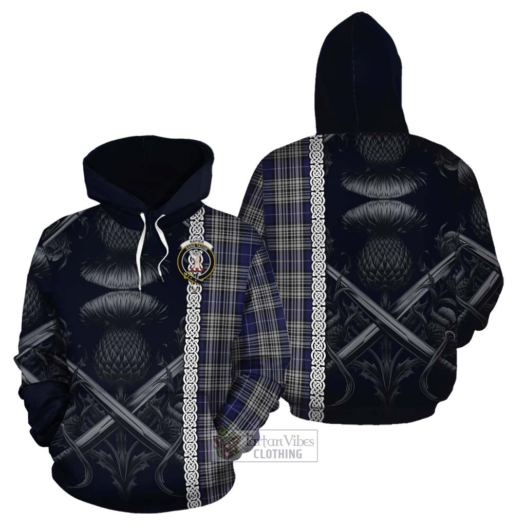 Tartan Vibes Clothing Napier Tartan Cotton Hoodie with Family Crest Cross Sword Thistle Celtic Vibes