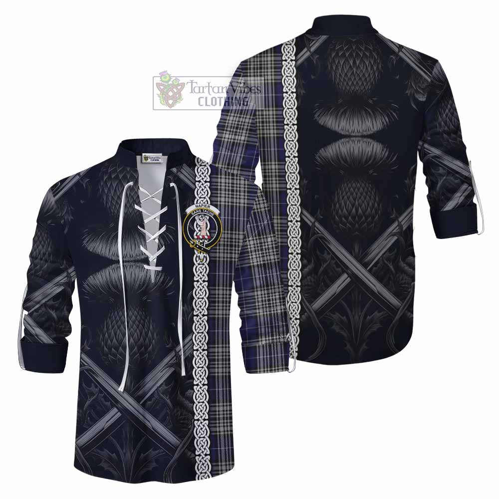 Tartan Vibes Clothing Napier Tartan Ghillie Kilt Shirt with Family Crest Cross Sword Thistle Celtic Vibes