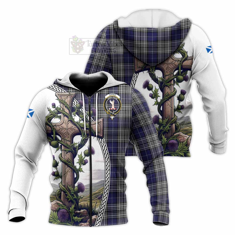 Tartan Vibes Clothing Napier Tartan Knitted Hoodie with Family Crest and St. Andrew's Cross Accented by Thistle Vines