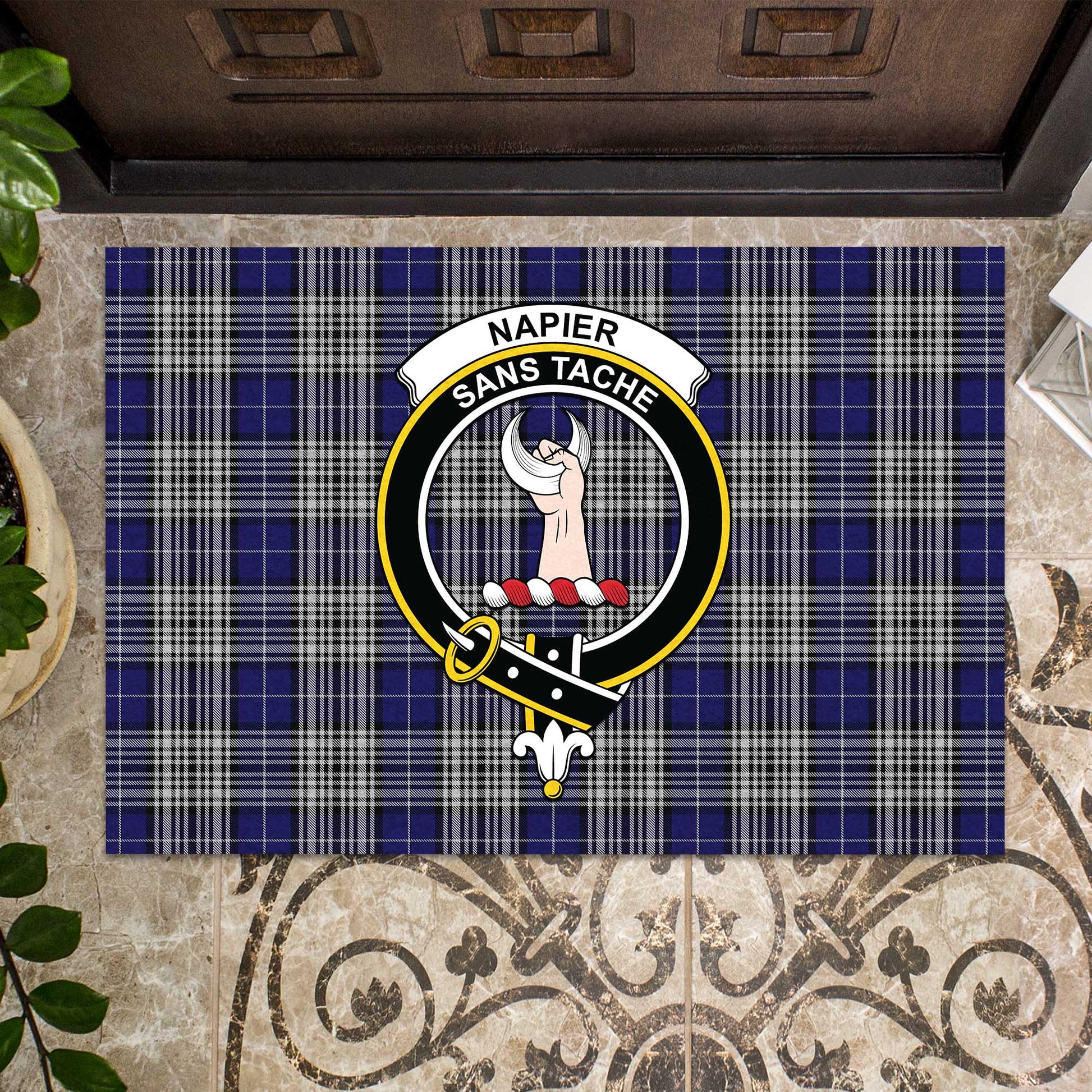 Napier Tartan Door Mat with Family Crest - Tartanvibesclothing