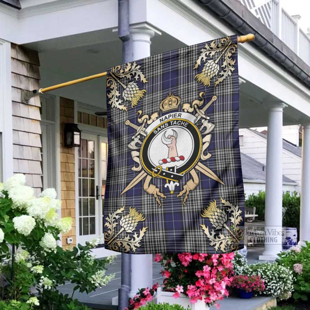 Tartan Vibes Clothing Napier Tartan Flag with Family Crest and Golden Thistle Crossed Sword Design