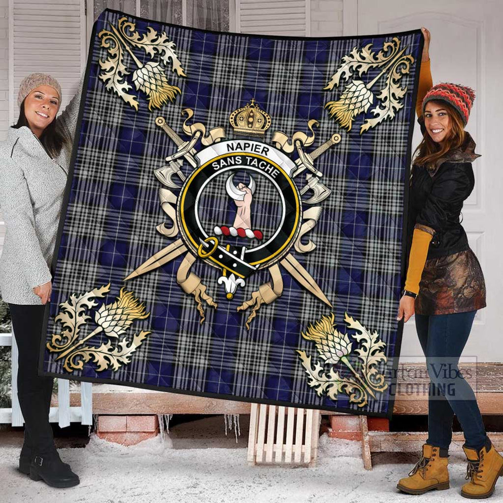 Tartan Vibes Clothing Napier Tartan Quilt with Family Crest and Scottish Golden Courage Shield