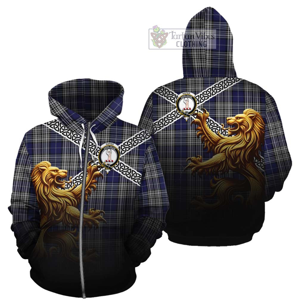Napier Crest Tartan Cotton Hoodie with Golden Lion Emblem Celtic Style Zip Hoodie - Tartan Vibes Clothing