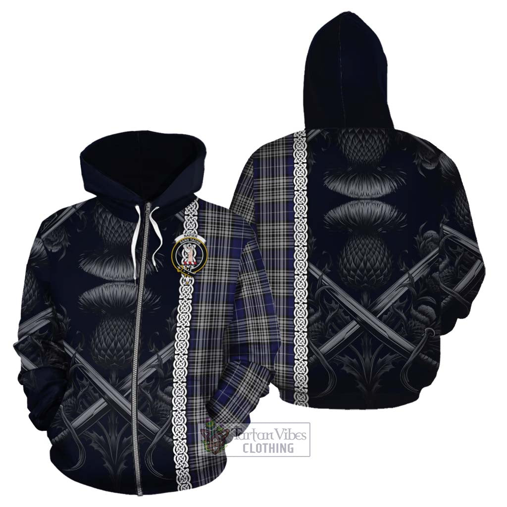 Tartan Vibes Clothing Napier Tartan Cotton Hoodie with Family Crest Cross Sword Thistle Celtic Vibes