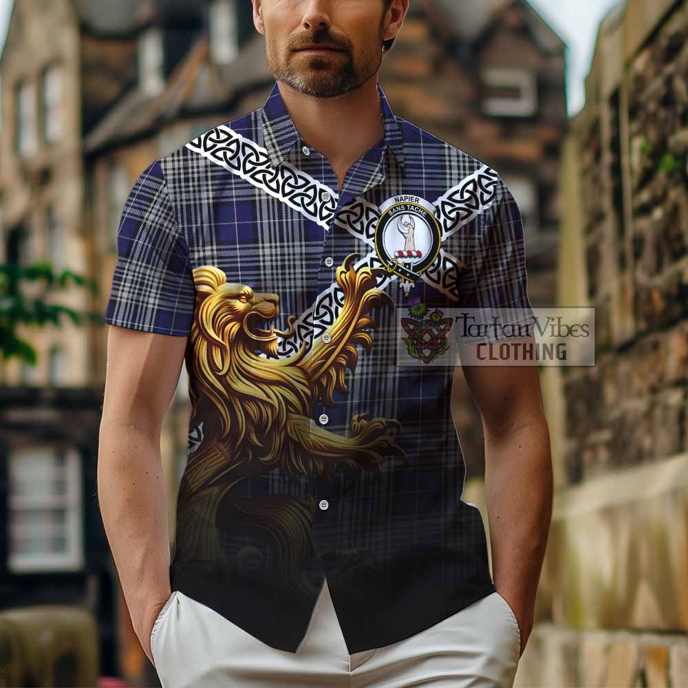 Napier Crest Tartan Hawaiian Shirt with Golden Lion Emblem Celtic Style - Tartan Vibes Clothing