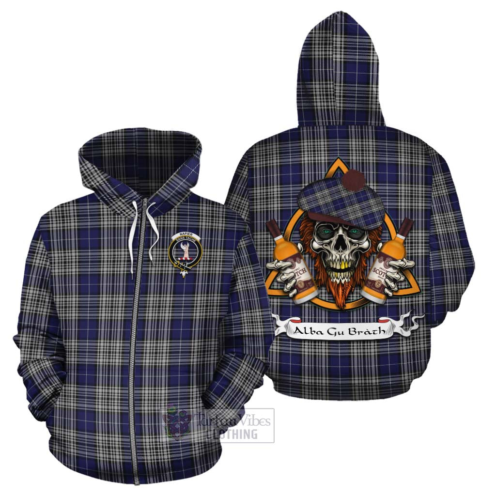 Tartan Vibes Clothing Napier Tartan Cotton Hoodie with Family Crest and Bearded Skull Holding Bottles of Whiskey