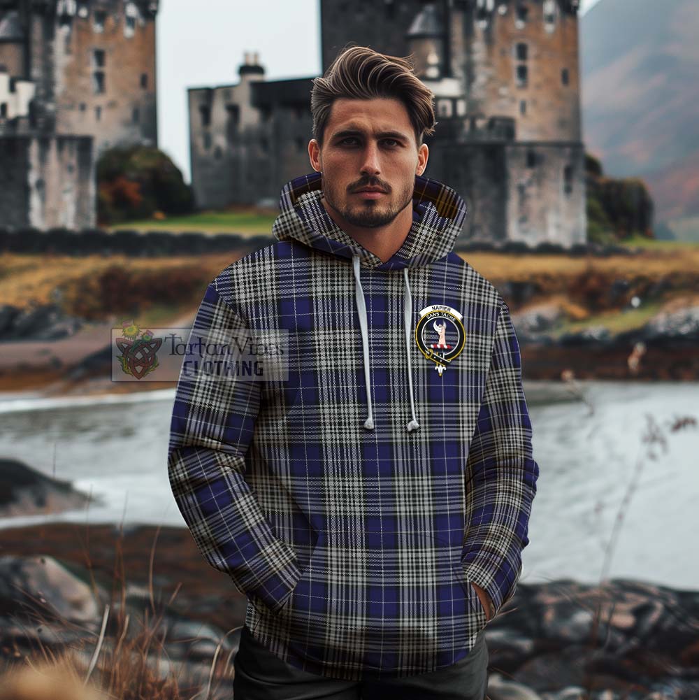 Tartan Vibes Clothing Napier Tartan Cotton Hoodie with Family Crest and Bearded Skull Holding Bottles of Whiskey