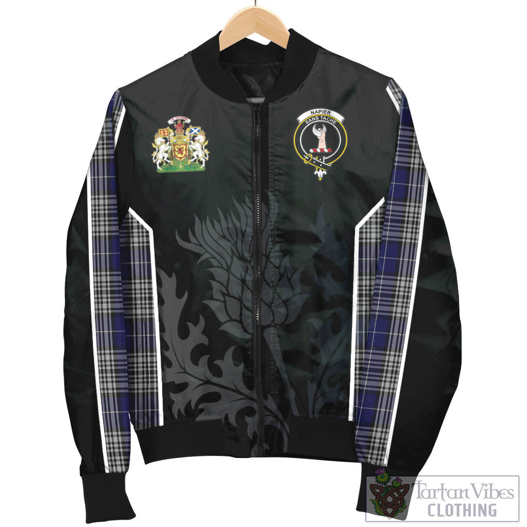 Tartan Vibes Clothing Napier Tartan Bomber Jacket with Family Crest and Scottish Thistle Vibes Sport Style