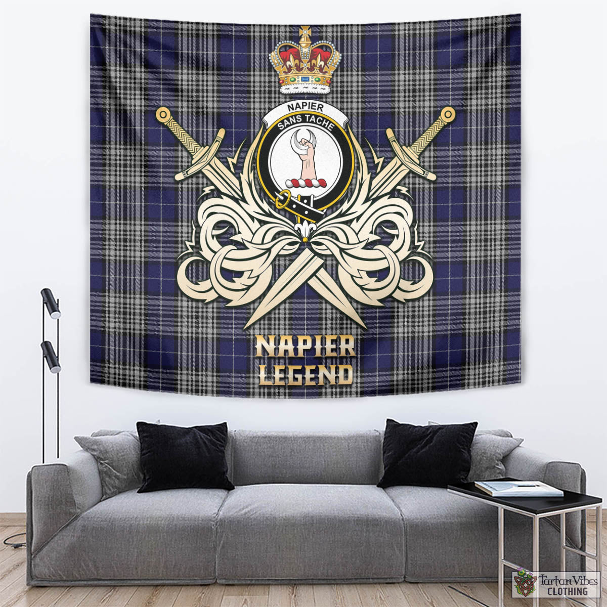 Tartan Vibes Clothing Napier Tartan Tapestry with Clan Crest and the Golden Sword of Courageous Legacy