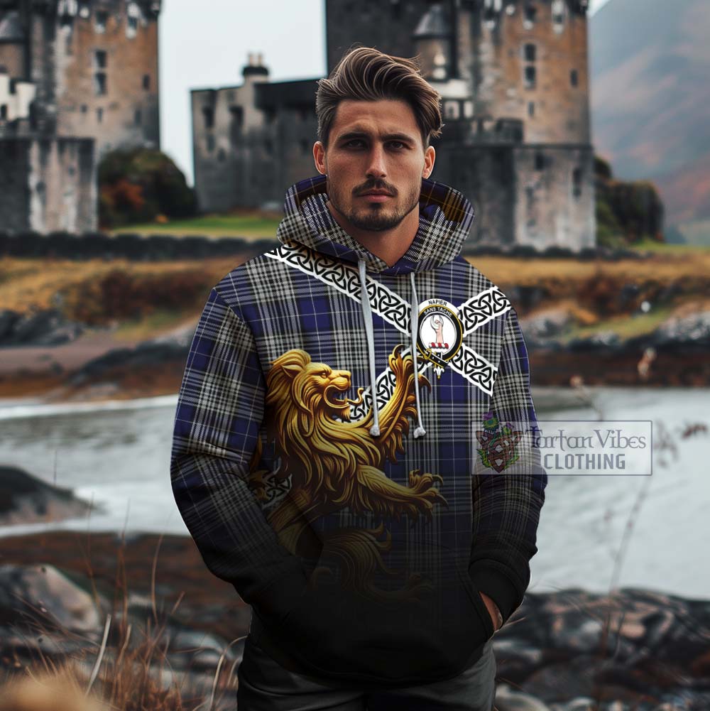 Napier Crest Tartan Cotton Hoodie with Golden Lion Emblem Celtic Style - Tartan Vibes Clothing