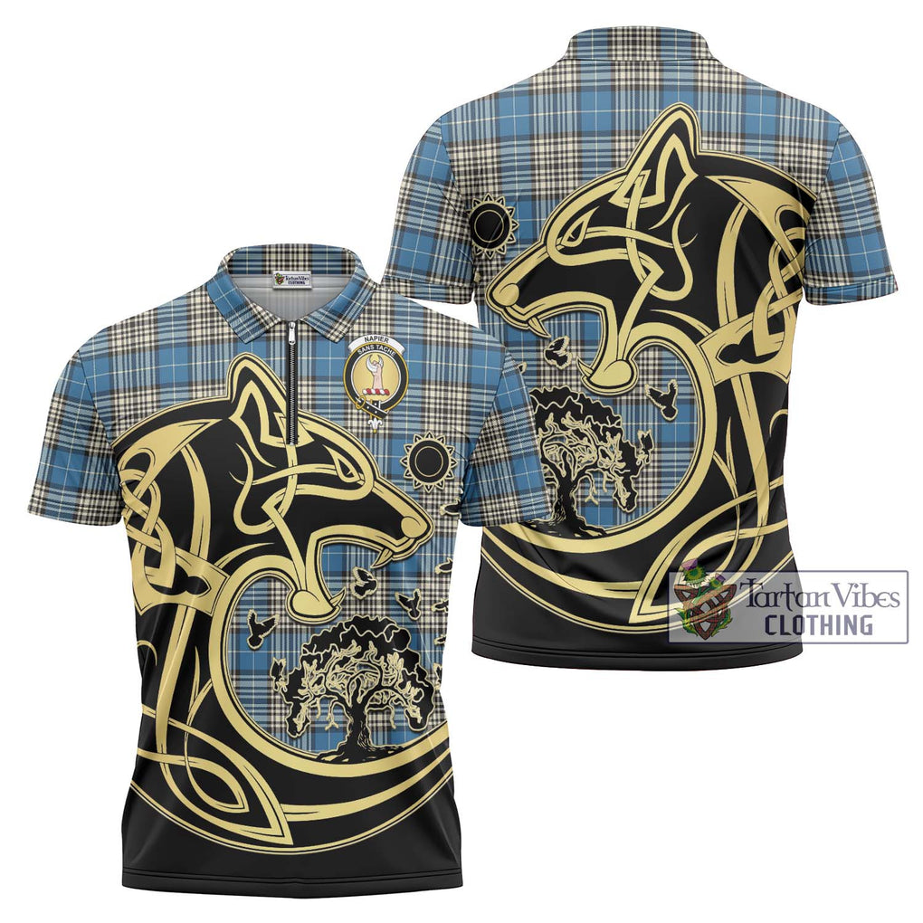 Napier Ancient Tartan Zipper Polo Shirt with Family Crest Celtic Wolf Style Unisex - Tartanvibesclothing Shop