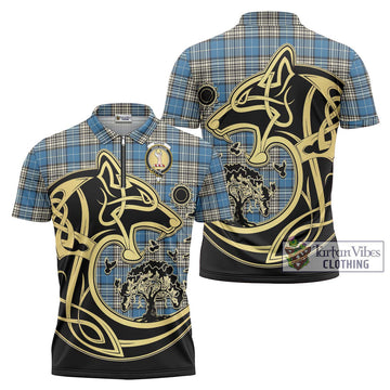 Napier Ancient Tartan Zipper Polo Shirt with Family Crest Celtic Wolf Style