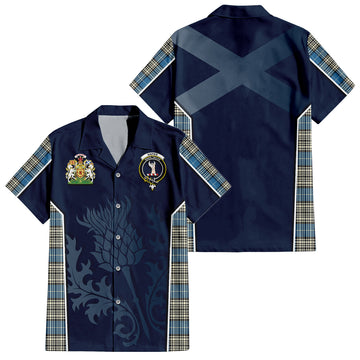 Napier Ancient Tartan Short Sleeve Button Up Shirt with Family Crest and Scottish Thistle Vibes Sport Style