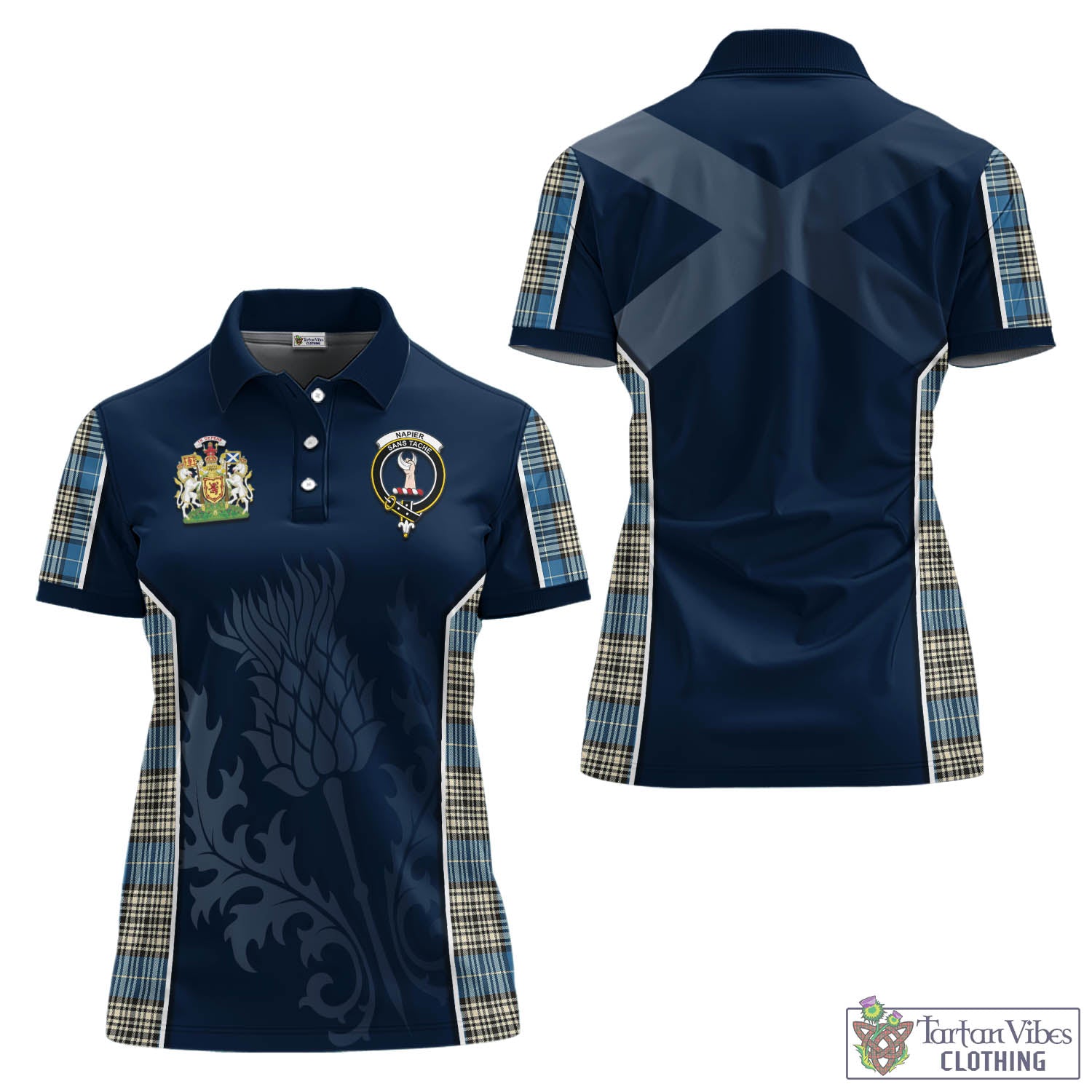 Tartan Vibes Clothing Napier Ancient Tartan Women's Polo Shirt with Family Crest and Scottish Thistle Vibes Sport Style