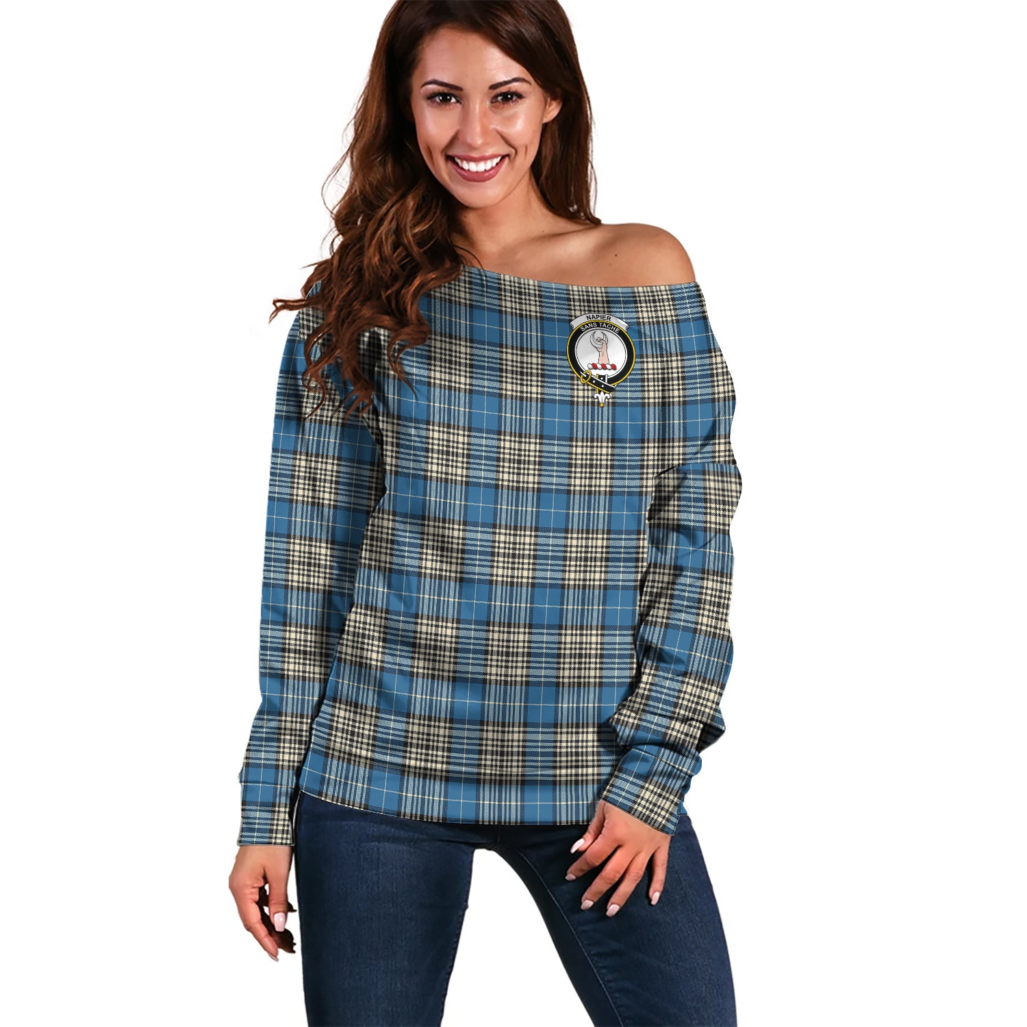 Napier Ancient Tartan Off Shoulder Women Sweater with Family Crest Women - Tartanvibesclothing