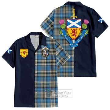 Napier Ancient Tartan Short Sleeve Button Shirt Alba with Scottish Lion Royal Arm Half Style