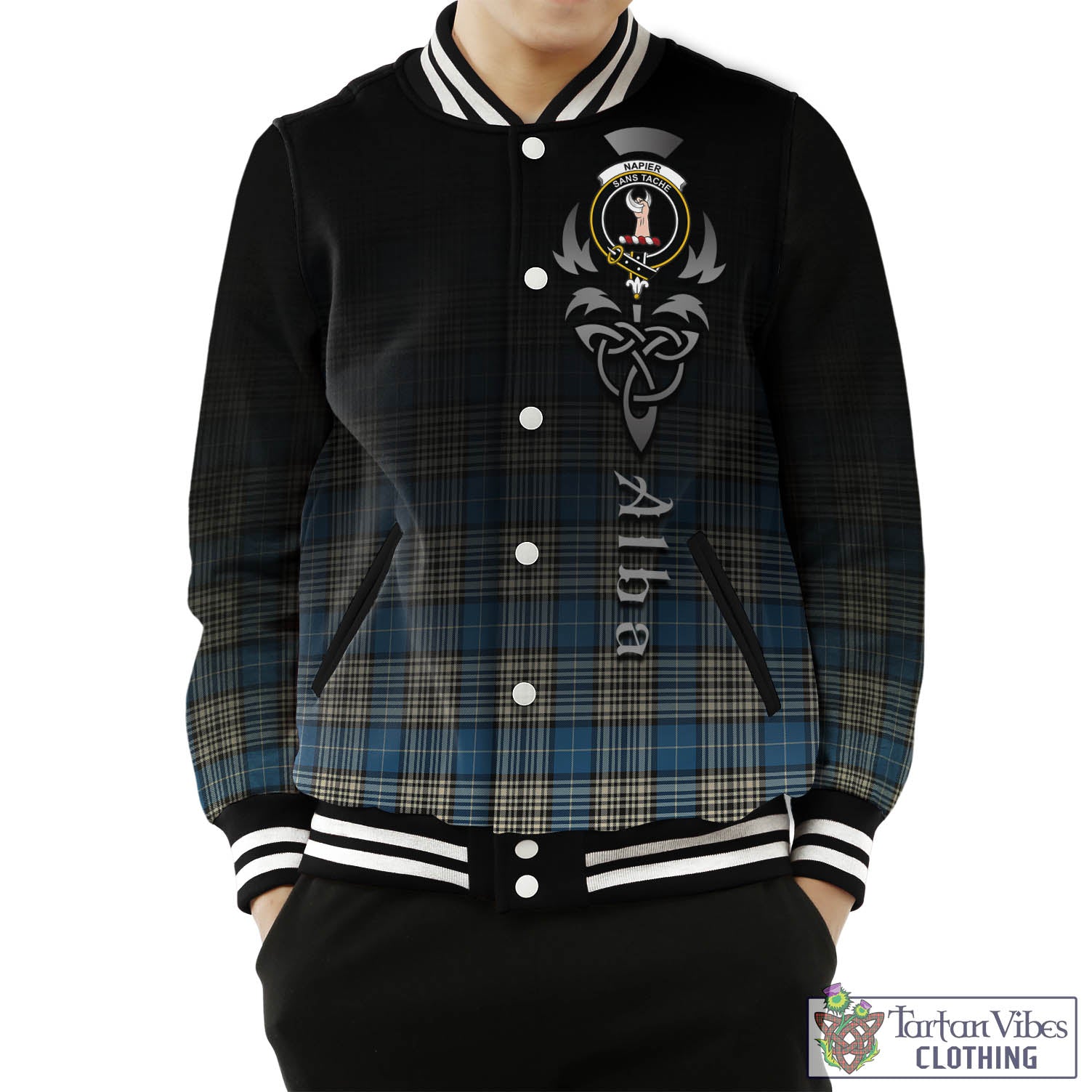 Tartan Vibes Clothing Napier Ancient Tartan Baseball Jacket Featuring Alba Gu Brath Family Crest Celtic Inspired