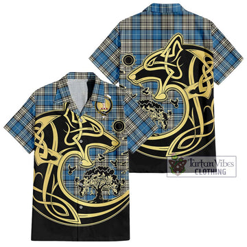 Napier Ancient Tartan Short Sleeve Button Shirt with Family Crest Celtic Wolf Style