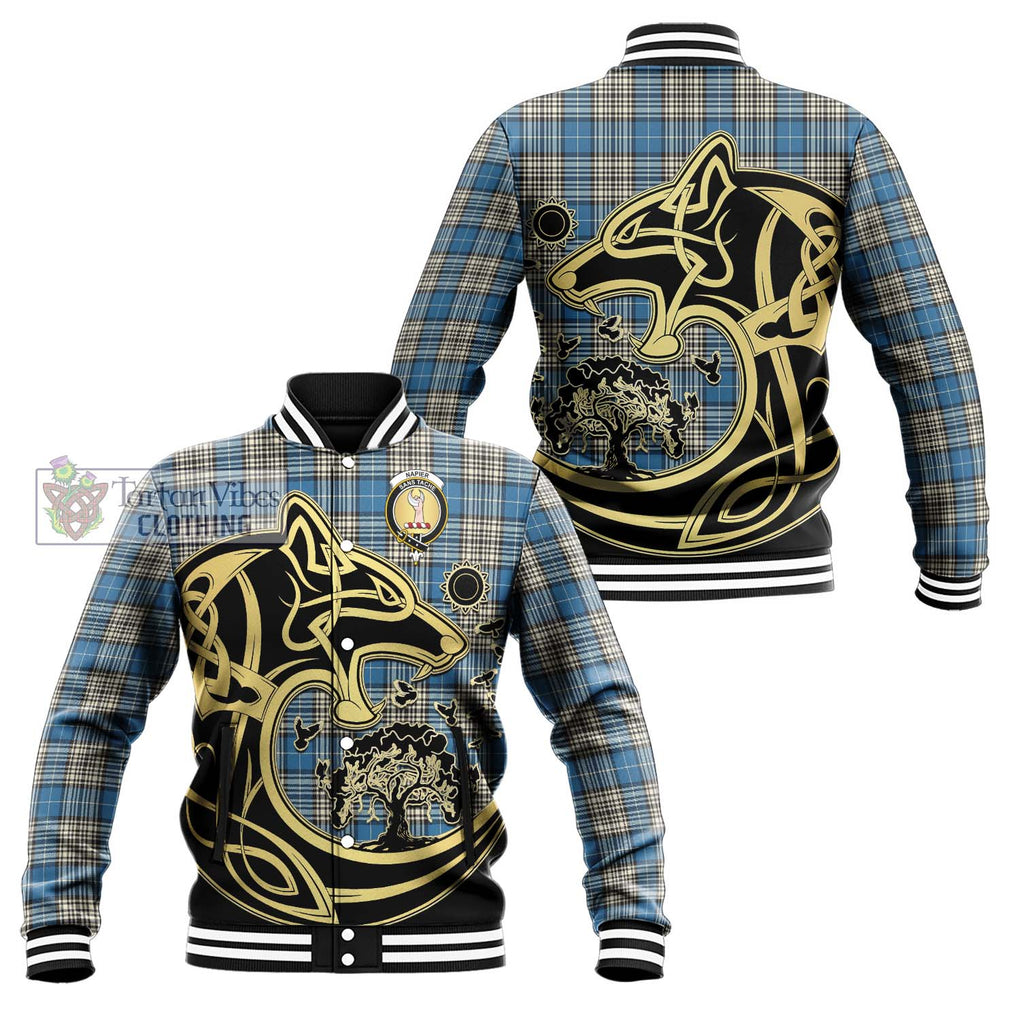 Napier Ancient Tartan Baseball Jacket with Family Crest Celtic Wolf Style Unisex - Tartan Vibes Clothing