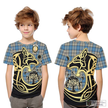 Napier Ancient Tartan Kid T-Shirt with Family Crest Celtic Wolf Style