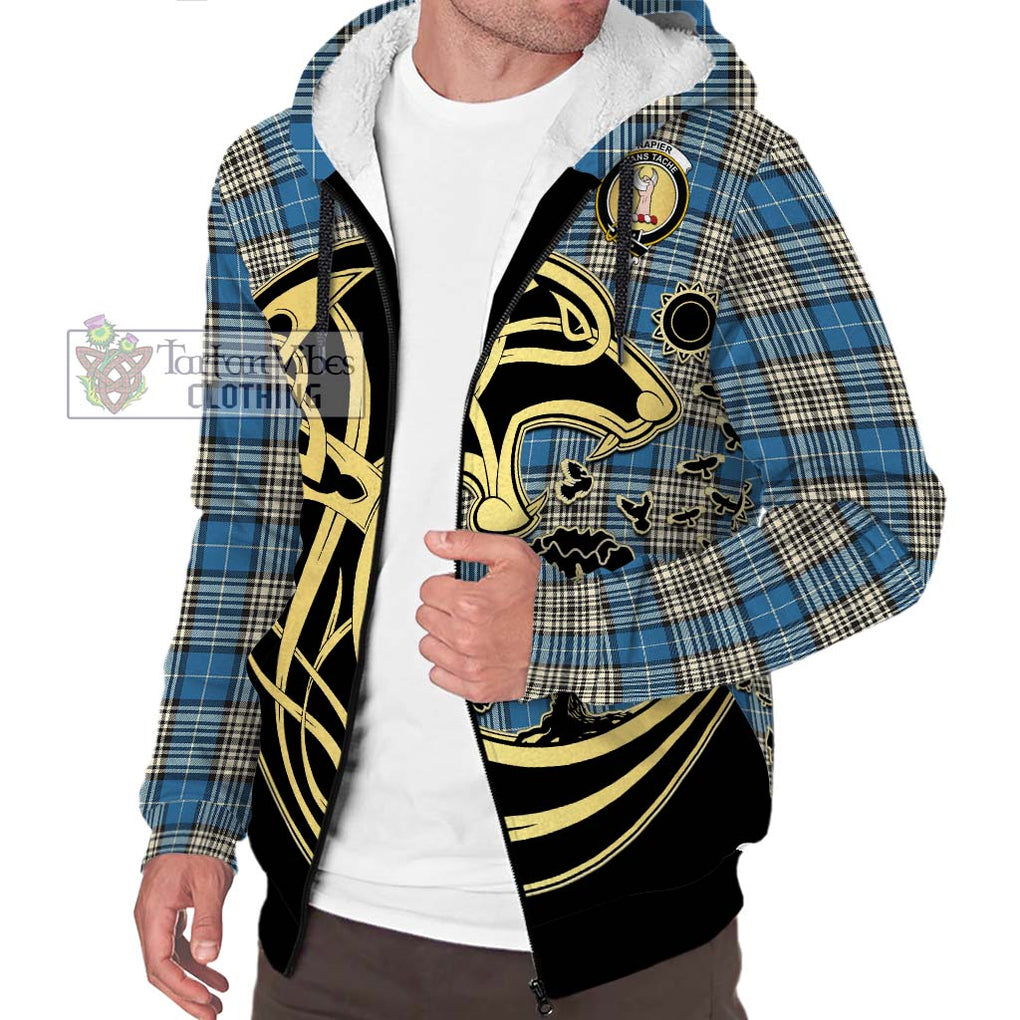 Napier Ancient Tartan Sherpa Hoodie with Family Crest Celtic Wolf Style Unisex S - Tartan Vibes Clothing