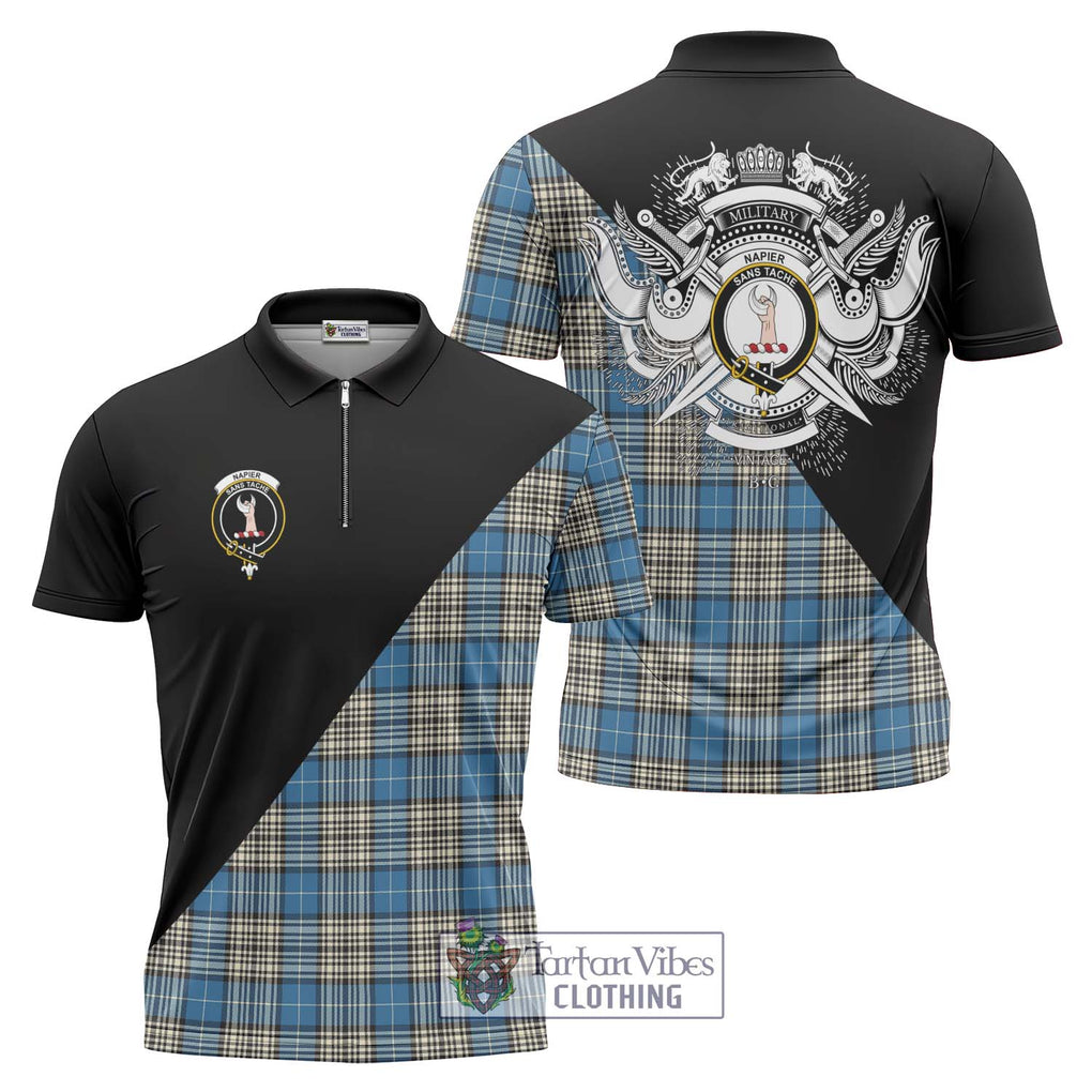 Napier Ancient Tartan Zipper Polo Shirt with Family Crest and Military Logo Style Unisex - Tartanvibesclothing Shop