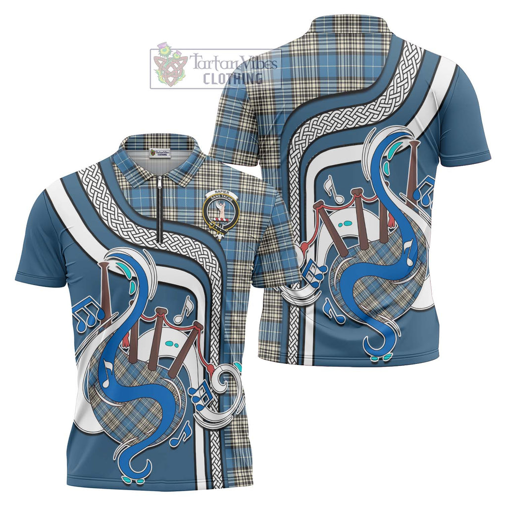 Napier Ancient Tartan Zipper Polo Shirt with Epic Bagpipe Style Unisex - Tartanvibesclothing Shop