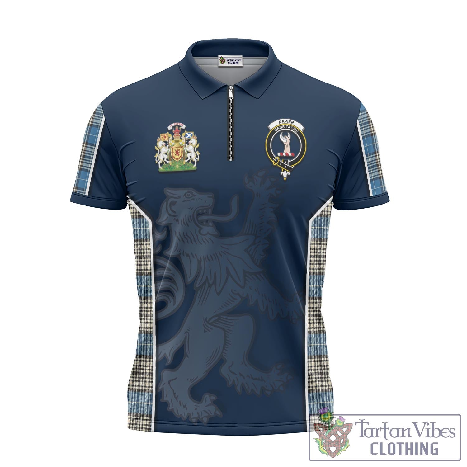 Tartan Vibes Clothing Napier Ancient Tartan Zipper Polo Shirt with Family Crest and Lion Rampant Vibes Sport Style