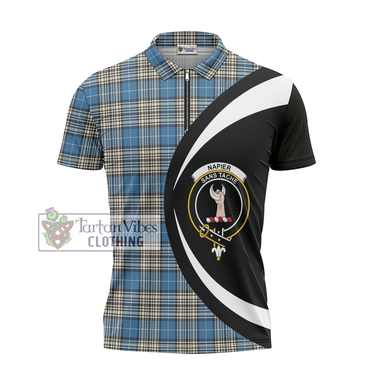 Tartan Vibes Clothing Napier Ancient Tartan Zipper Polo Shirt with Family Crest Circle Style