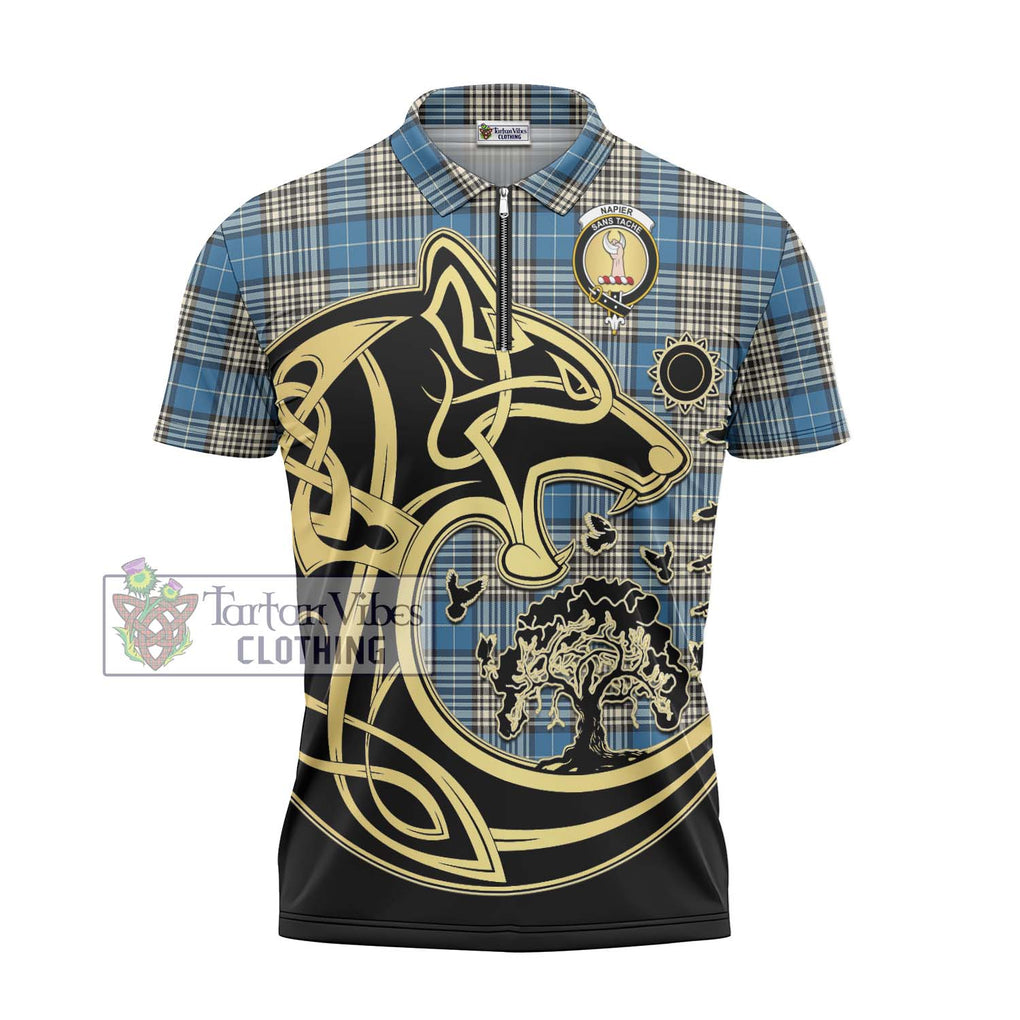 Napier Ancient Tartan Zipper Polo Shirt with Family Crest Celtic Wolf Style - Tartanvibesclothing Shop