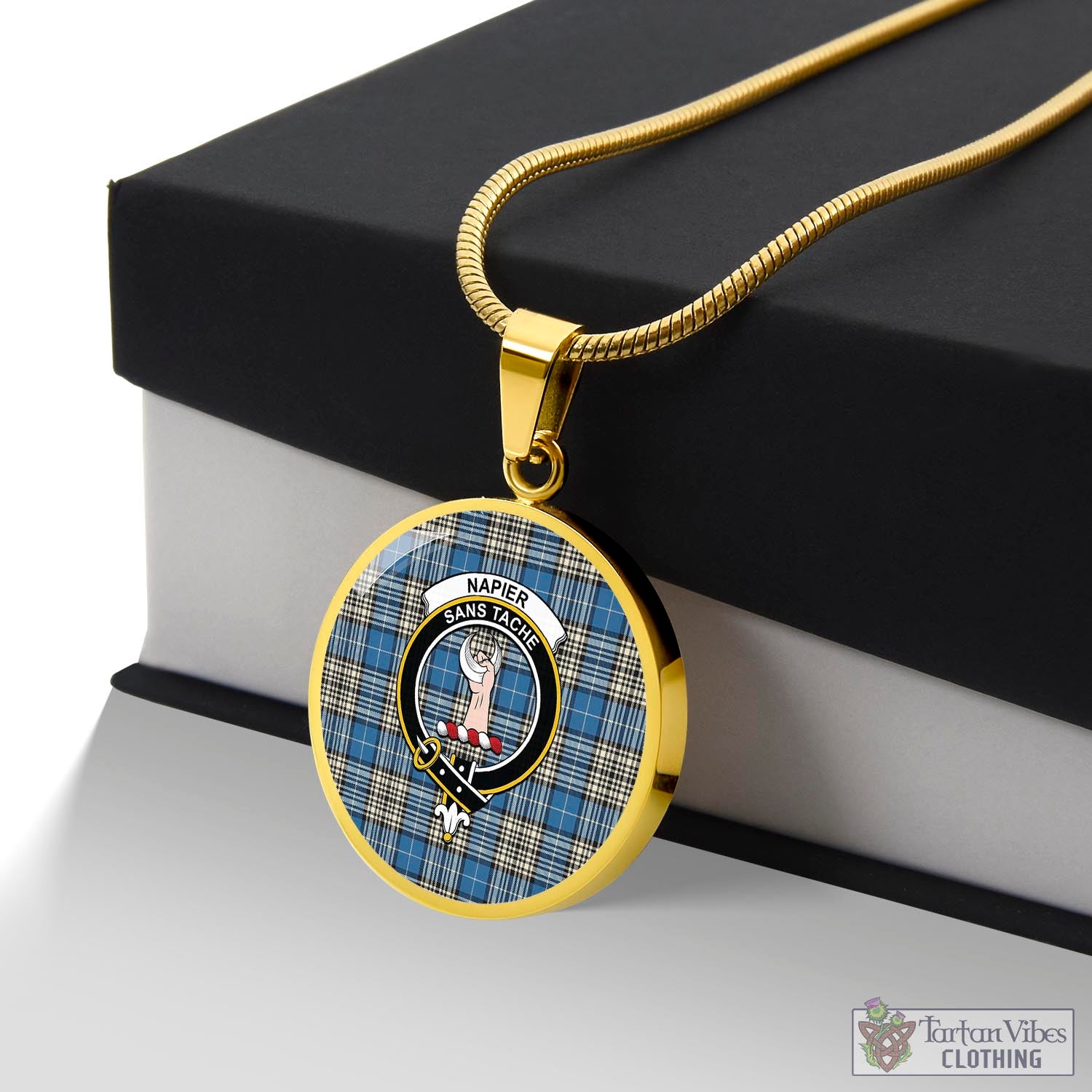 Tartan Vibes Clothing Napier Ancient Tartan Circle Necklace with Family Crest