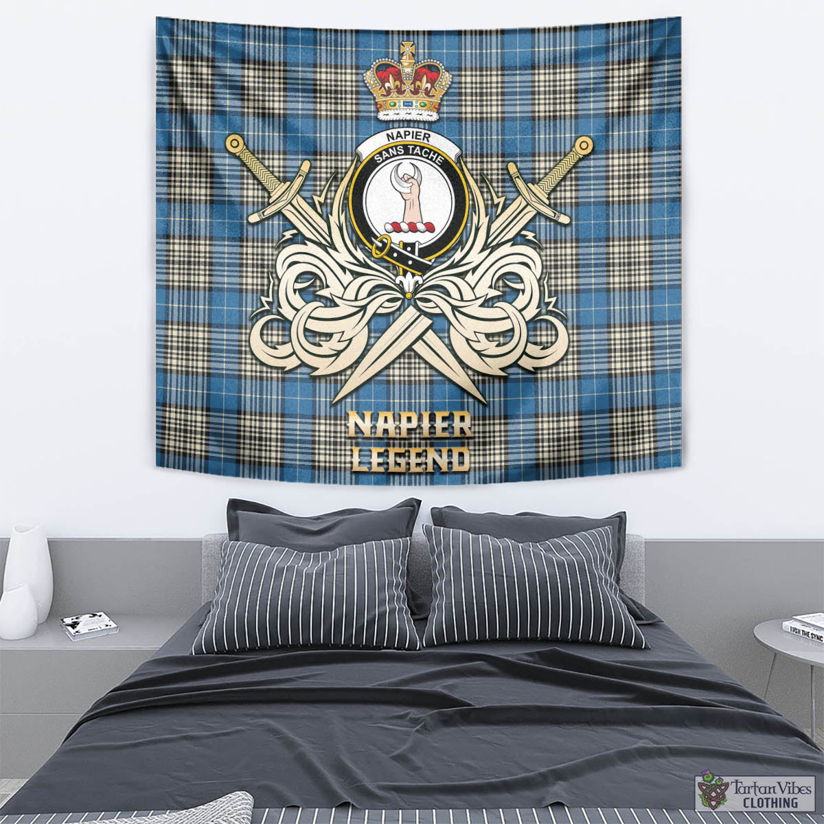 Tartan Vibes Clothing Napier Ancient Tartan Tapestry with Clan Crest and the Golden Sword of Courageous Legacy