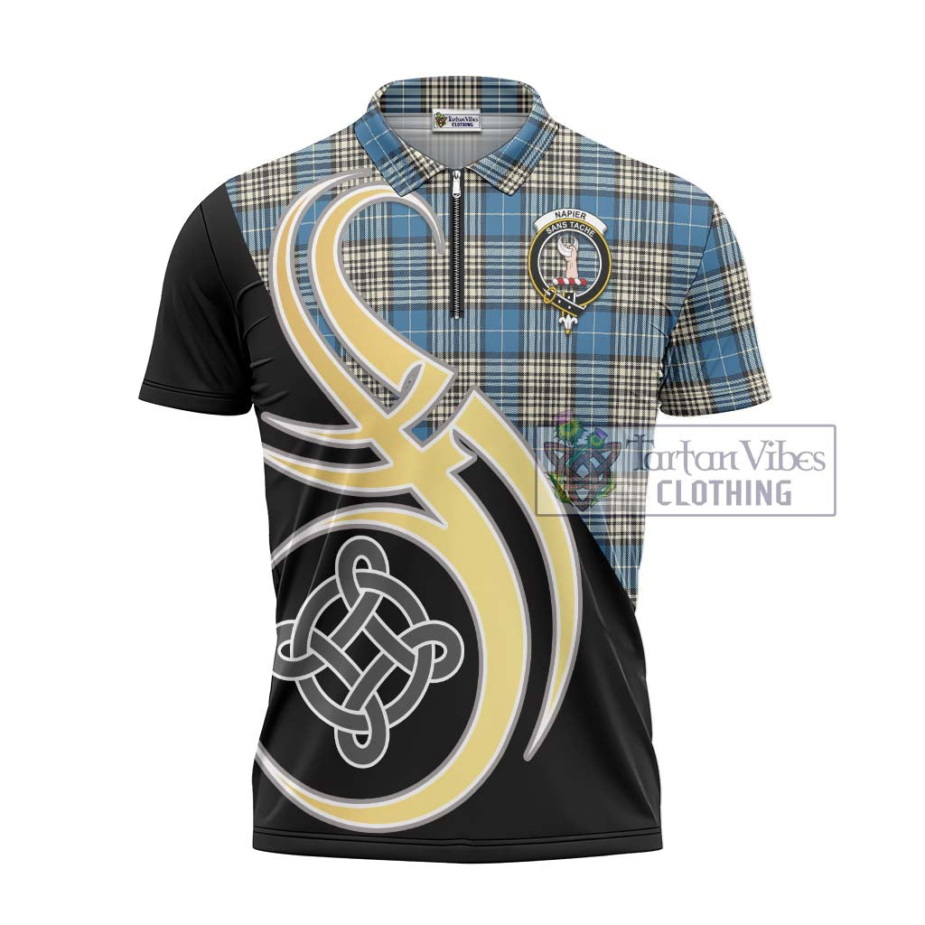 Tartan Vibes Clothing Napier Ancient Tartan Zipper Polo Shirt with Family Crest and Celtic Symbol Style