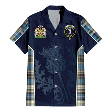 Napier Ancient Tartan Short Sleeve Button Up Shirt with Family Crest and Scottish Thistle Vibes Sport Style