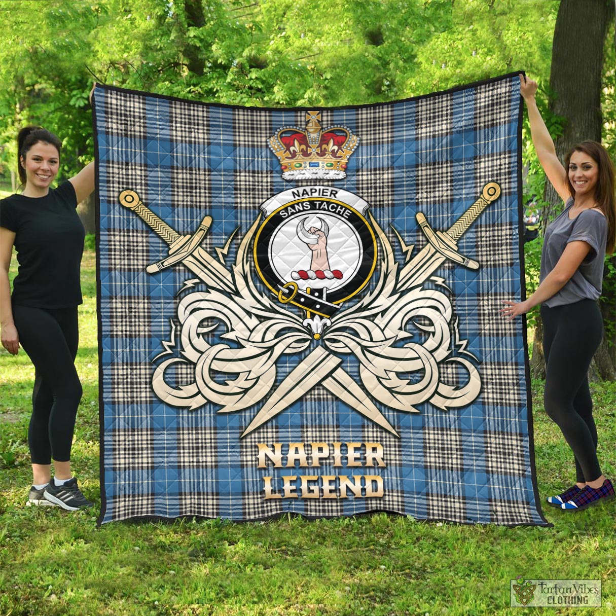 Tartan Vibes Clothing Napier Ancient Tartan Quilt with Clan Crest and the Golden Sword of Courageous Legacy