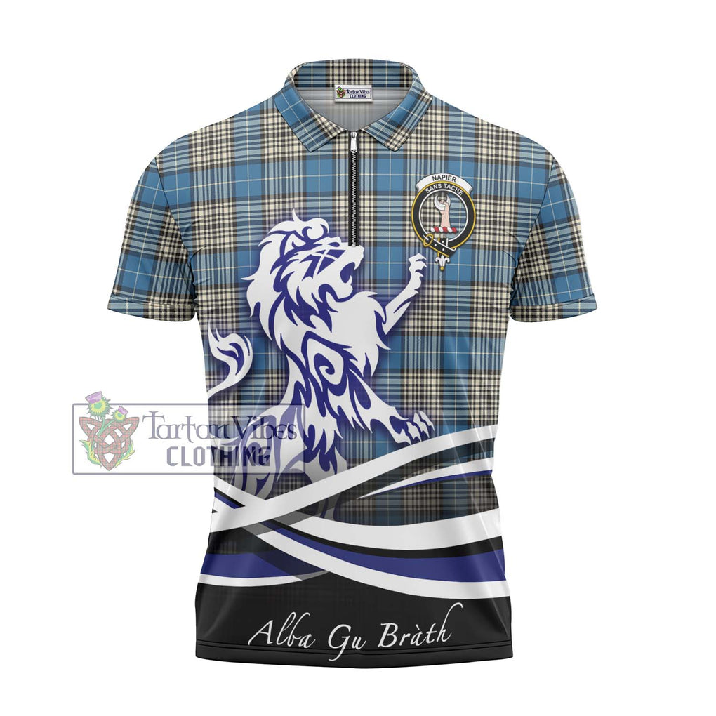 Napier Ancient Tartan Zipper Polo Shirt with Alba Gu Brath Regal Lion Emblem - Tartanvibesclothing Shop