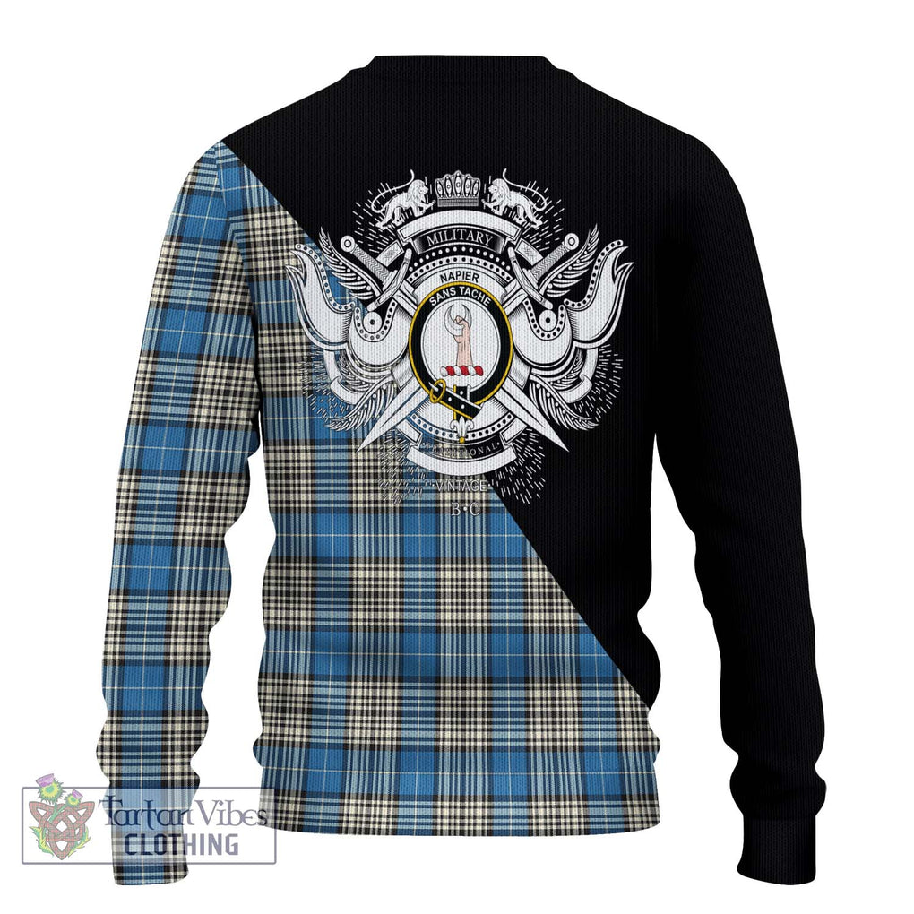 Napier Ancient Tartan Knitted Sweater with Family Crest and Military Logo Style - Tartanvibesclothing Shop