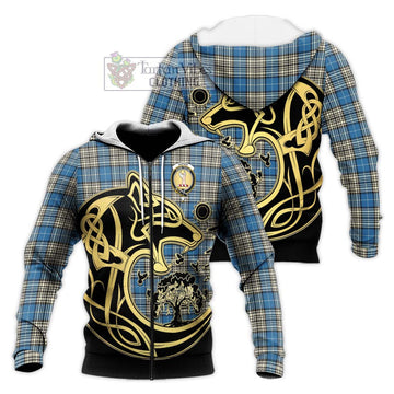 Napier Ancient Tartan Knitted Hoodie with Family Crest Celtic Wolf Style